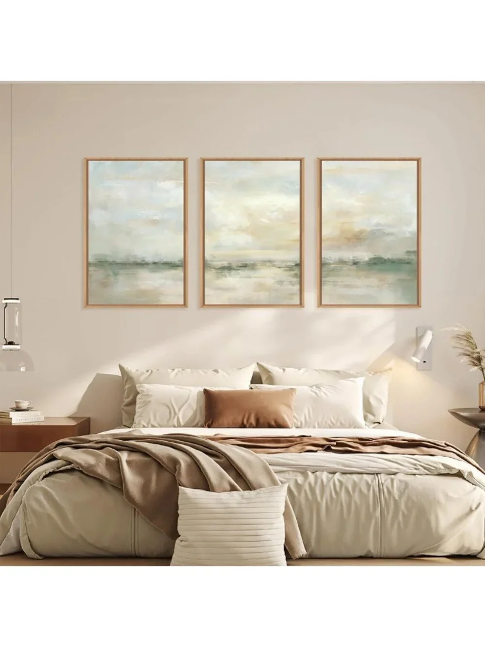 Large Abstract Green Gray Pastel Framed Canvas Art - Modern Watercolor Landscape